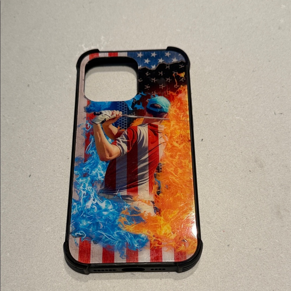 Patriotic Golfer Graphic Phone Case blue and orange fire flams IPHONE 16 Pro Max